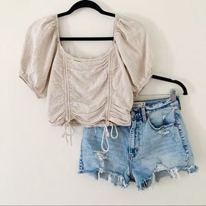 Beige Puff Sleeve Cinched Front Crop Top